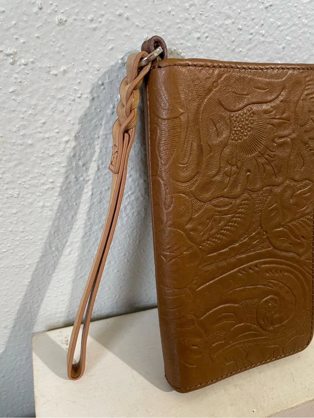 Margot Cognac Leather Cell Phone Wristlet Wallet Embossed Floral Snap Western